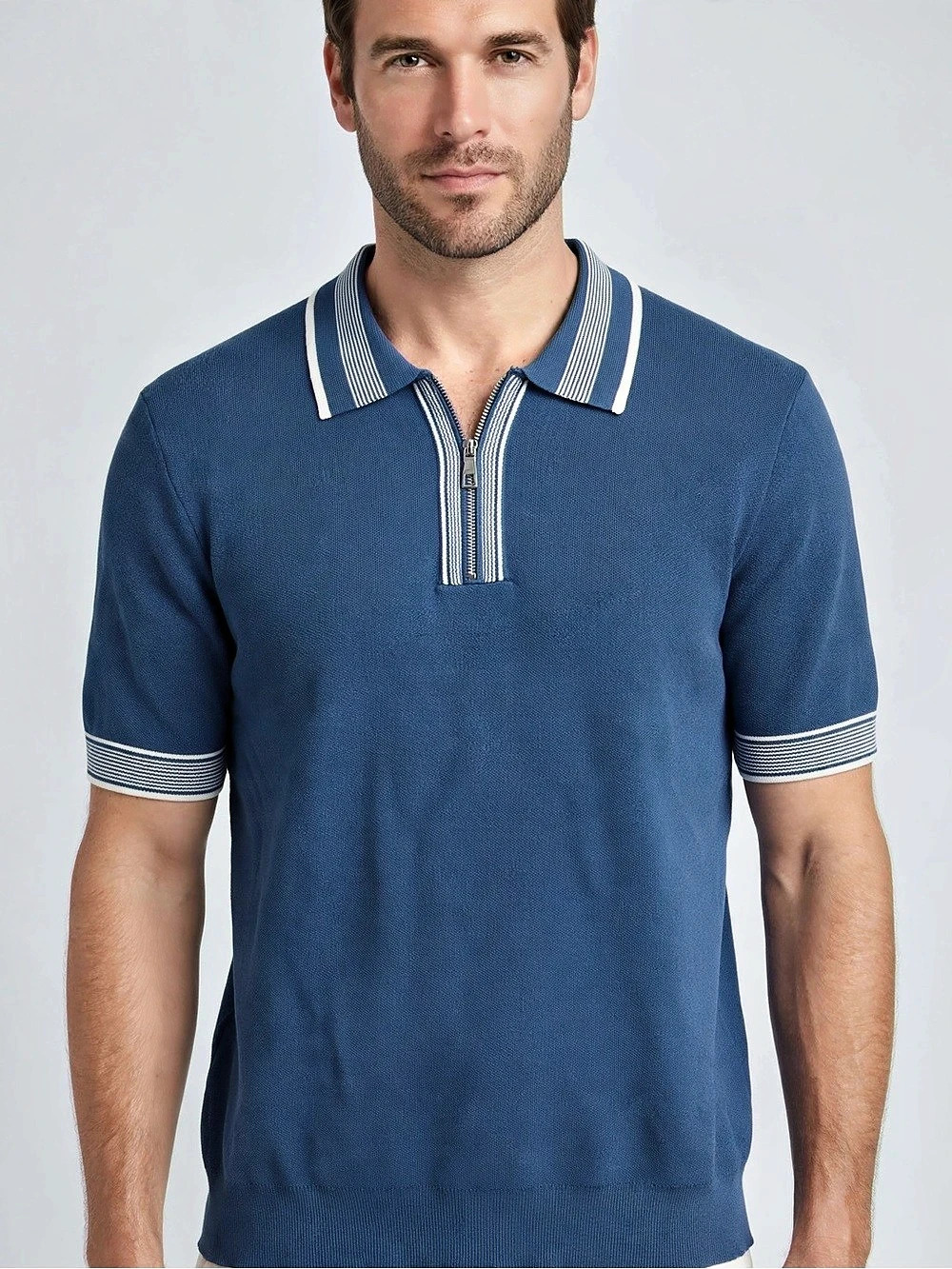 Tahari Men's Short Sleeve Quarter Zip Sweater Polo Blue XL